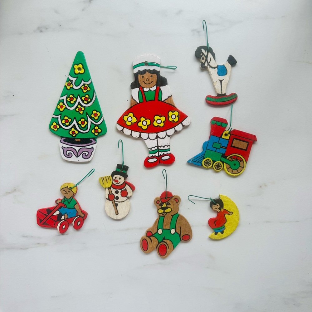 Vintage (1970's) Hand Painted Wooden Christmas Ornaments, Set of 8, Artisan USA